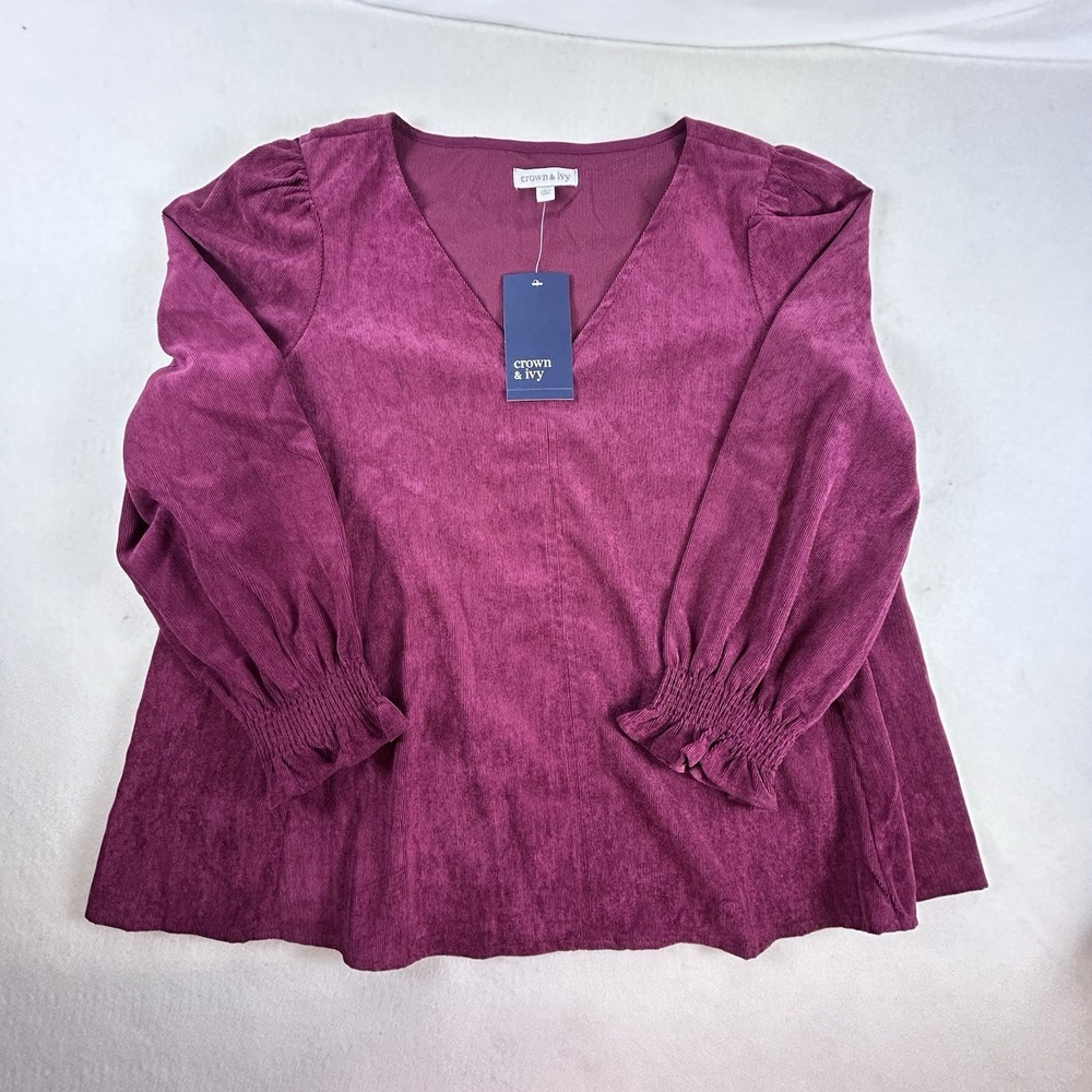 Crown & Ivy NWT M Wine Red Velvet Corduroy Top V-Neck Twee Smocked Cuff Blouse